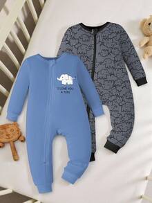 Bộ 2 quần liền thân in hình voi xanh cho bé trai và quần legging in hình voi - Nhiều màu - Xem 3