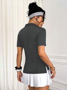 Easithlete Easithlete 女式纯色短袖休闲 Polo 衫，半襟侧开衩 - 灰色 - 查看 2