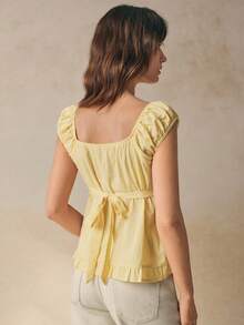 Cévolie 女式纯色方领前系带休闲衬衫 - 黃色 - 查看 2