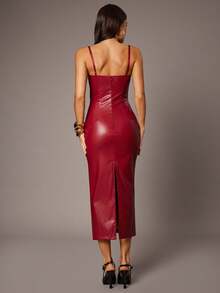 Silquee Váy dây mảnh thời trang tối giản, đơn sắc dành cho nữ - Đỏ - Xem 2