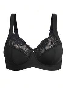 1pc Plus Size Lace Patchwork Wireless Bra, Lift - Black - View 11