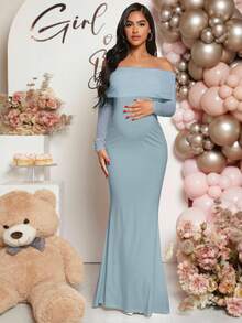 Loomaby Pregnant Women Off-Shoulder Fishtail Baby Shower Long Sleeve Dress For Maternity