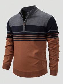 Manfinity Mode Men's Striped Long Sleeve Zip-Up Casual Sweater, Autumn - Rust Brown - View 4