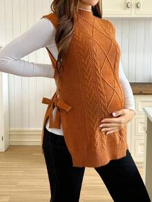 SHEIN Women Loose Fit High Neck Side Slit Tie Design Casual Maternity Sweater Vest, Autumn/Winter