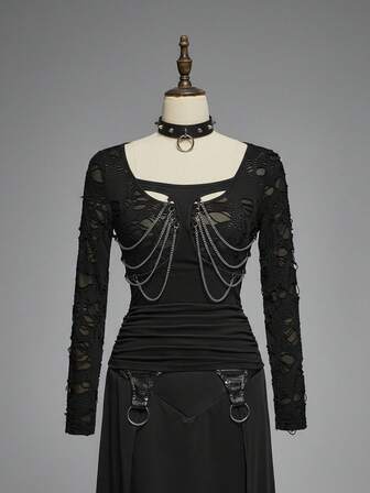 EDITION T-shirt femme noir à design plissé avec chaîne punk