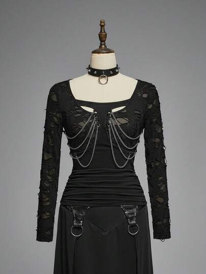EDITION Women's Black Punk Chain Pleated Design T-Shirt