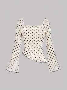 SHEIN MOD Women's Polka Dot Asymmetric Hem Bow Apricot Suit, Fall /Winter,Halloween,Christmas, Going Out,Chic,Casual,Prom,Graduation,Party,Casual,Formal,Luxury, Polka Dot Outfit, 2 Pieces Skirt Sets Woman, Two Pieces Skirt Set Summer, Midi Skirt Set