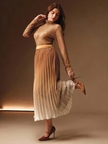 Anewsta Plus Size Women Elegant Fashion Versatile Ombre Pleated Skirt - Coffee Brown - View 1