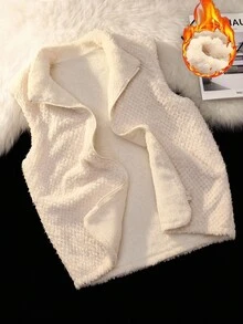 Qadelle Damen umkehrbarer flauschiger Lässig Alltags Pendler Mode Französisch elegant Straße Vintage vielseitig Urlaub Business Apricot ärmellose Jacke Normalgröße Oberbekleidung, Herbst/Winter - Aprikosenfarben - Übersicht 7