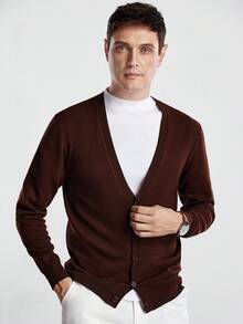 Manfinity CityGents Áo len cardigan dệt kim dài tay màu trơn thường ngày cho nam, Thu/Đông - Cà phê nâu - Xem 6