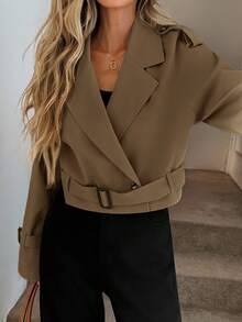 Easowa 双排扣收腰短款风衣，休闲优雅女式风衣棕色衬衫棕色西装外套女士卡其色上衣卡其色女装咖啡棕色上衣秋冬女装 - 駝色 - 查看 8