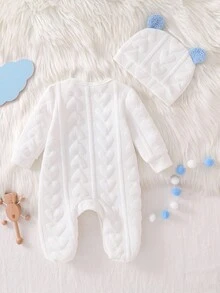 2 件新生儿可爱熊印花长袖连体衣和帽子套装，简约时尚睡衣 - 白色 - 查看 2