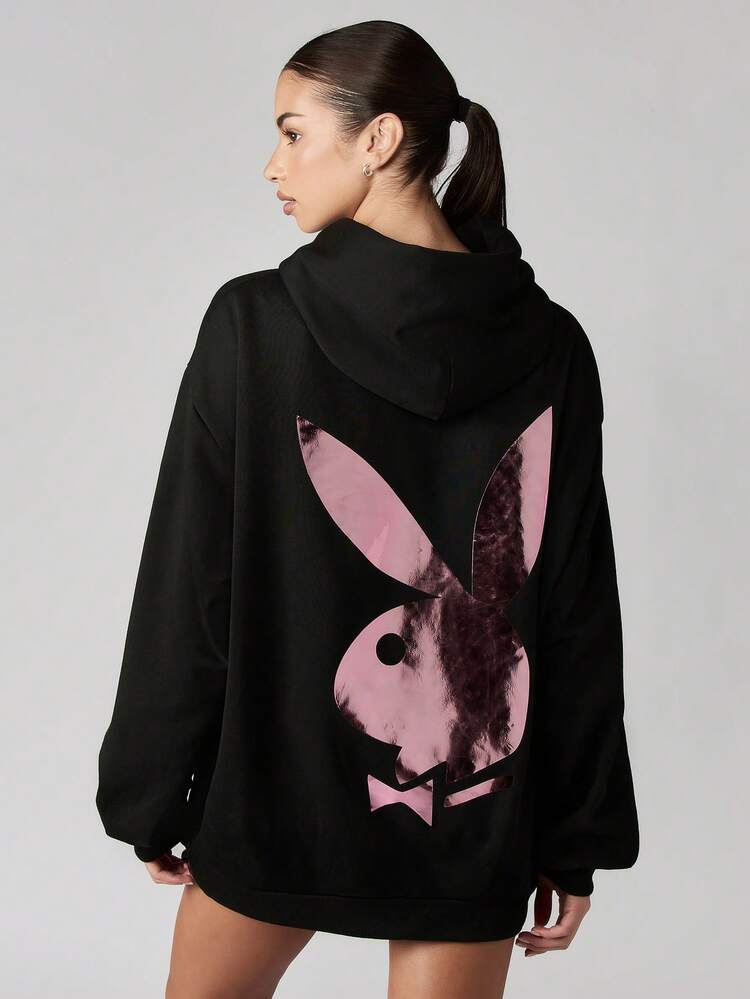 Missguided x Playboy Abito felpa con cappuccio con logo a coniglio, stampa metallica rosa, oversize, con cappuccio, mini lunghezza, maniche lunghe, abbigliamento casual da passeggio invernale e autunnale