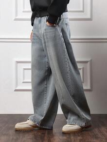 SUMWON Ultra Wide Leg Denim Jeans With Front Seam Paneling Barrel Fit High Rise Waist Panel Construction Fall Winter Collection Loose Streetwear Daily Casual Plain - Medium Wash - View 1