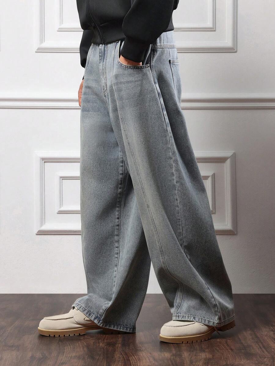 SUMWON Ultra Wide Leg Denim Jeans With Front Seam Paneling Barrel Fit High Rise Waist Panel Construction Fall Winter Collection Loose Streetwear Daily Casual Plain - Medium Wash - View 1