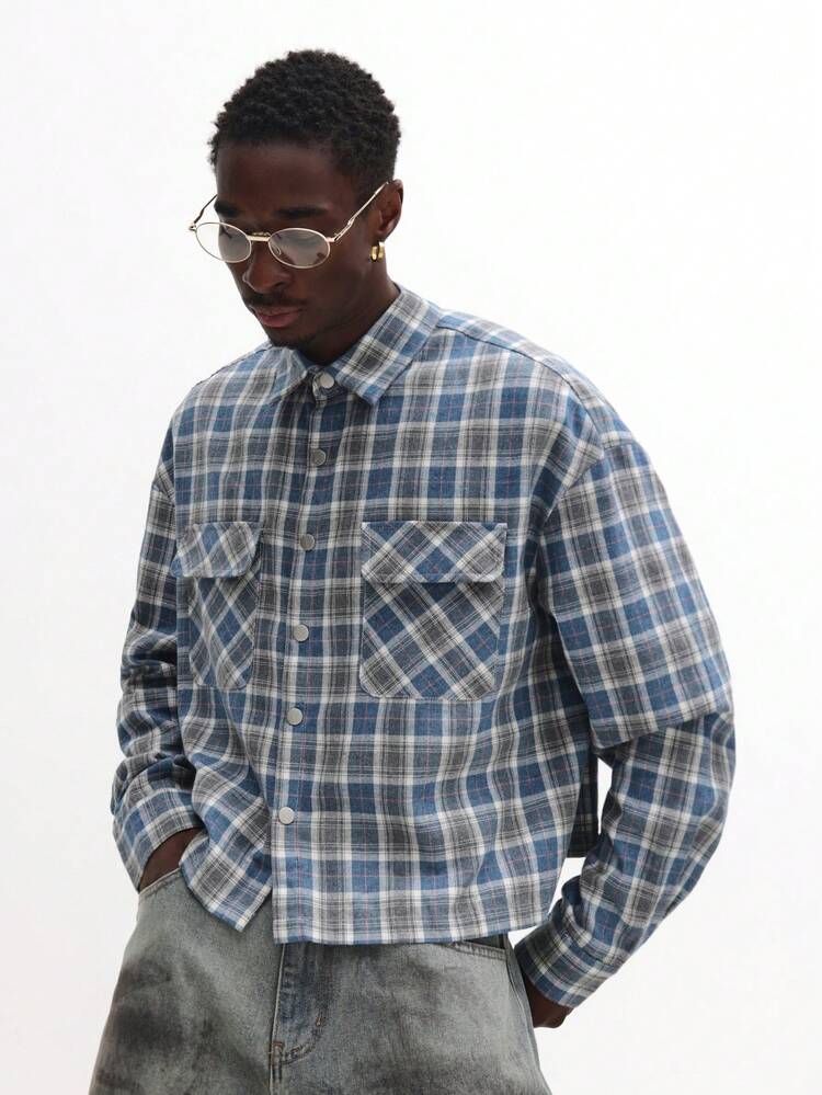 Plaid Flannel Button Down Shirt With Patch Pockets
