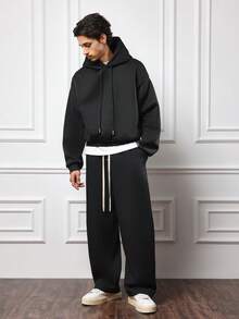 SUMWON 高级阔腿运动裤，宽松舒适，抓绒面料，抽绳腰带，秋冬休闲街头风，舒适百搭 - 黑色 - 查看 2