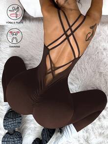 Easithlete 1pc Women's Criss-Cross Strap Deep V-Neck Sleeveless Yoga Running Fitness Jumpsuit Brown Yoga Set Brown Workout Set Brown Jumpsuit Brown Activewear Yoga Jumpsuit Yoga Sets Women Curve Brown Leggings Brown Sports Bra - Coffee Brown - View 4