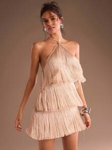 Glamine Women's Solid Color Multi-Layer Fringe Elegant Backless Party Dress, Autumn Women's Wear, Holiday Costume, Halloween Costume, Women's Party Essential, Christmas