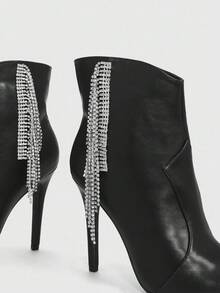 CUCCOO SZL Women's Fashionable Black Fringe Rhinestone Pointed Toe Stiletto Ankle Boots - Black - View 11