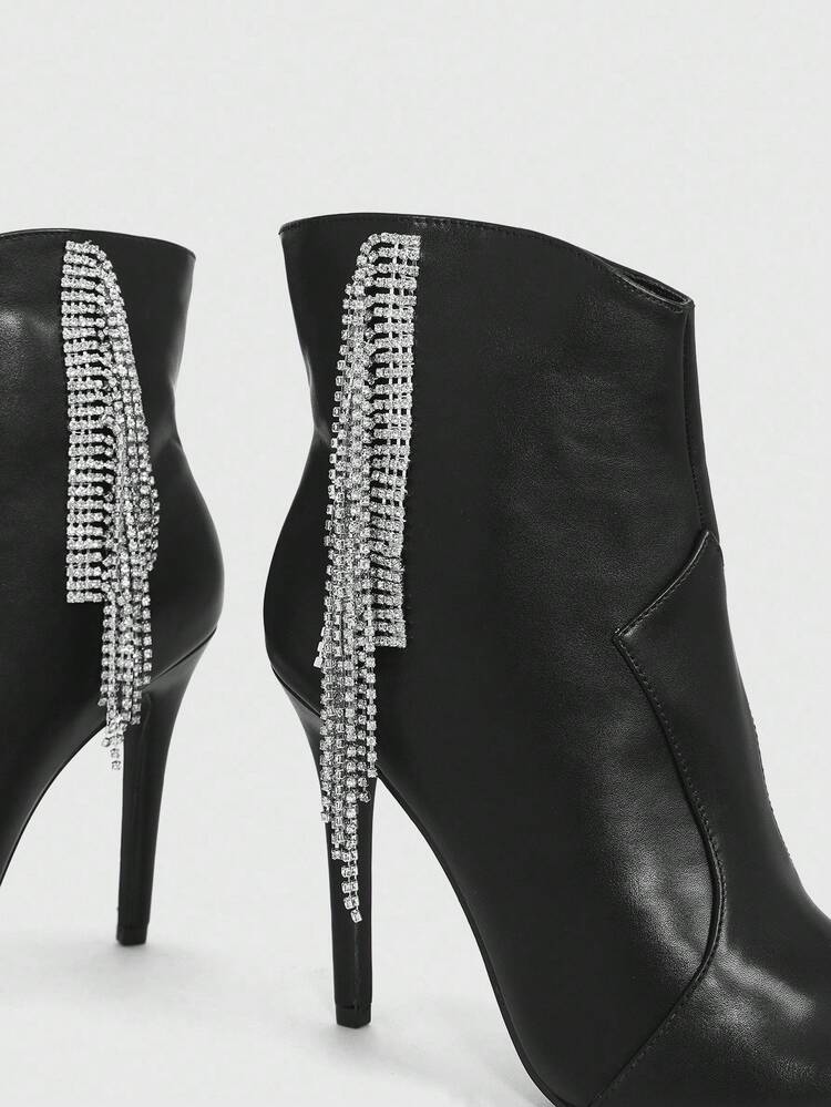 CUCCOO SZL Women's Fashionable Black Fringe Rhinestone Pointed Toe Stiletto Ankle Boots
