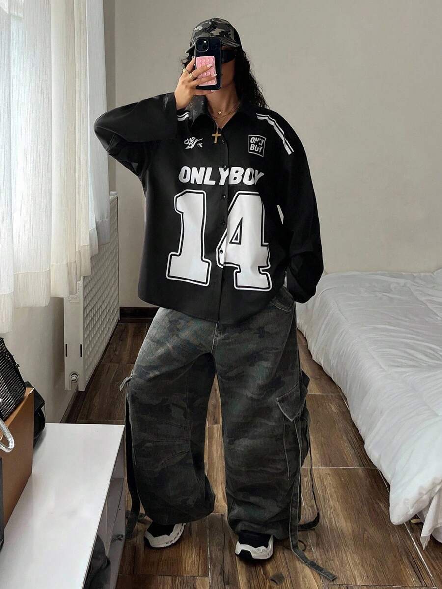 StreetHx Camisa de manga larga de estilo callejero con ajuste holgado y estampado de logo para mujer - Negro - Ver 1