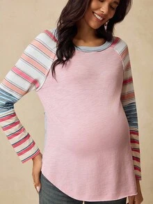 Boho Mama 孕妇休闲拼接条纹插肩袖T恤，秋季波西米亚度假风女装 - 彩色 - 查看 7