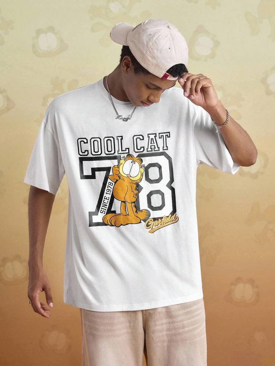 GARFIELD | SHEIN Men's Casual Letter & Cat Print Short Sleeve T-Shirt, Summer - White - View 1