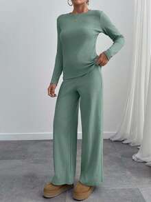 EURMUSE Women Solid Color Crew Neck Long Sleeve Fashionable Versatile Two Pieces Top And Pant Set Lounge Sage Green Autumn Casual - Mint Green - View 4