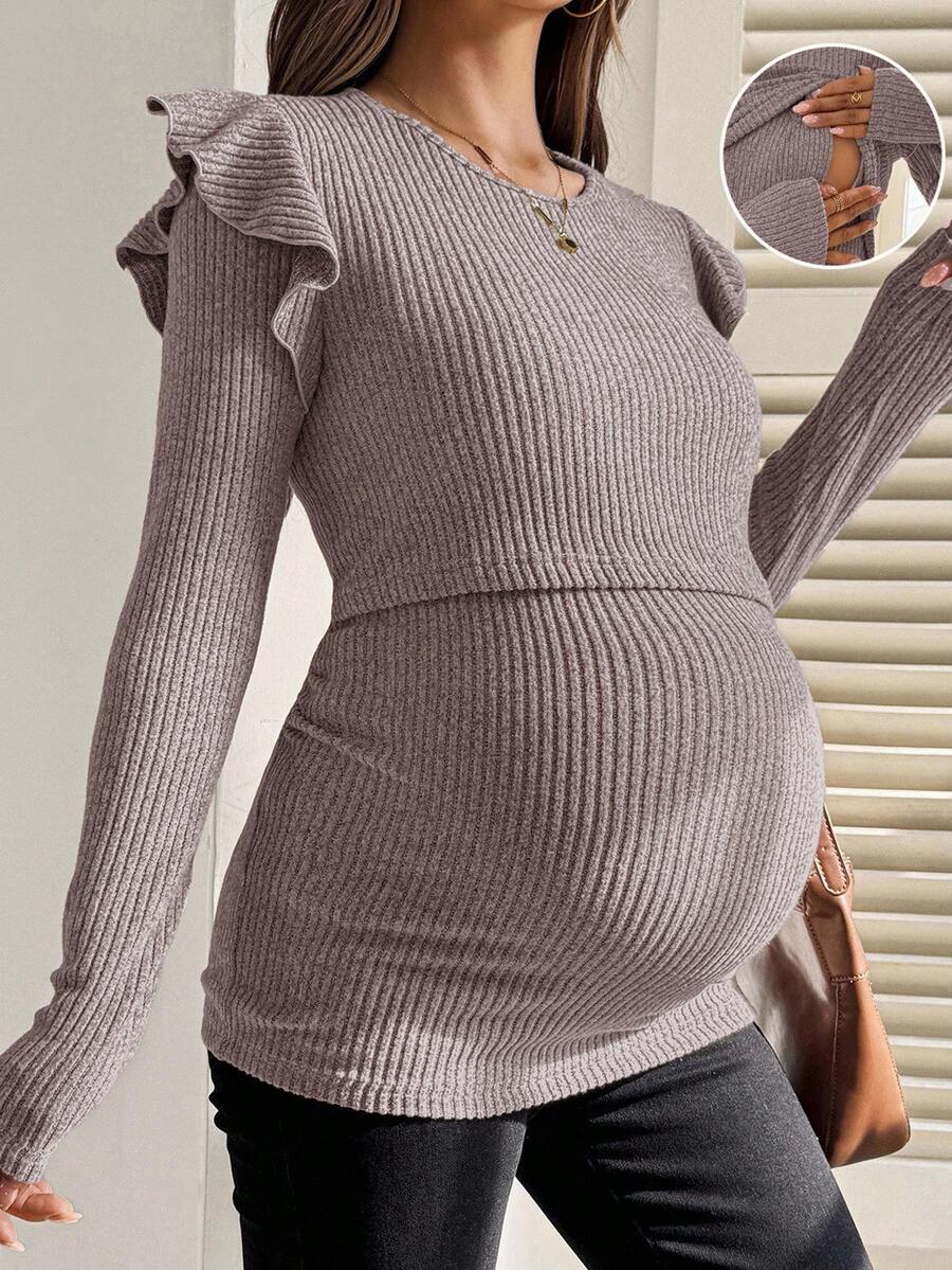 SHEIN 孕妇及哺乳期纯色荷叶边罗纹长袖上衣,秋季 - 淺粉色 - 查看 1