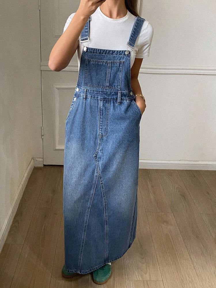 Women's Casual Asymmetric Hem Washed Denim Tank Dress, Vintage Western Cowgirl Style, Suitable For Autumn/Winter Maxi Dress