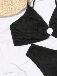 Oceva Summer Beach Textured Bikini Set O-Ring Detail Cami Bra & Bikini Bottom 2 Piece Bathing Suit - Black - View 4