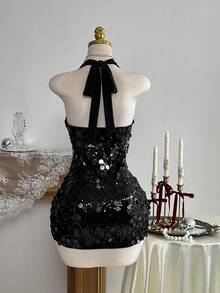 Elamini Váy dự tiệc mini đính cườm ren gợi cảm dành cho nữ, Thu/Đông - màu đen - Xem 4