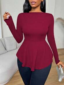 VaVaBold Camiseta de mujer de manga larga con ajuste ceñido y volante en el bajo, color negro sólido, para otoño, con vuelo - Burdeos - Ver 5