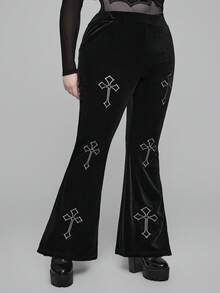 ROMWE Quần ống loe nhung họa tiết chữ thập Gothic cỡ lớn - màu đen - Xem 1
