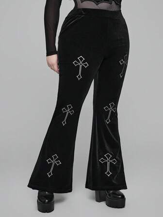 Plus Size Gothic Cross Decor Velvet Flare Pants