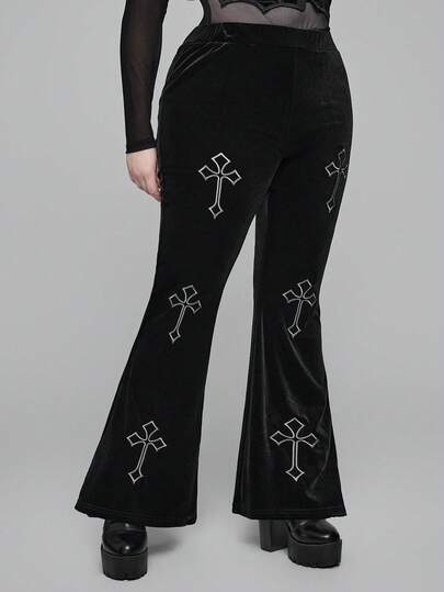 Plus Size Gothic Cross Decor Velvet Flare Pants