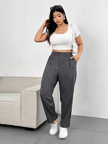 Flirla 大码女式休闲深灰色修身简约风格办公裤 - 深灰色 - 查看 5