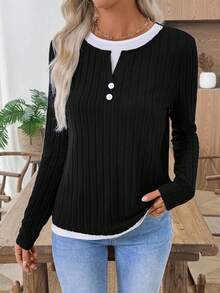 EMERY ROSE Women's Contrast Trim Button Casual Long Sleeve T-Shirt,Black Top - Black - View 5