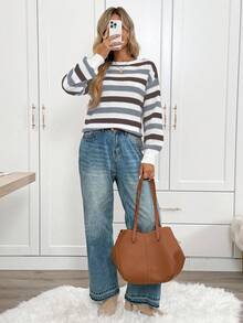 SHEIN LUNE 女式休闲超大条纹落肩长袖毛衣，秋冬 - 彩色 - 查看 3