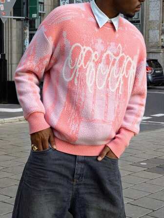 Manfinity CasualKnits Men's Graphic Print Crew Neck Long Sleeve Casual Pink Sweater, Fall Winter