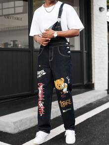 Manfinity EMRG Peto vaquero de ajuste holgado y relajado con estampado digital de dibujos animados retro y lindos de estilo americano