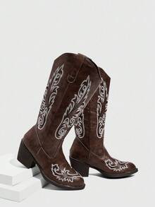 Daringsoles 女式西式尖头粗跟刺绣高筒靴，秋冬新品 - 棕色 - 查看 7