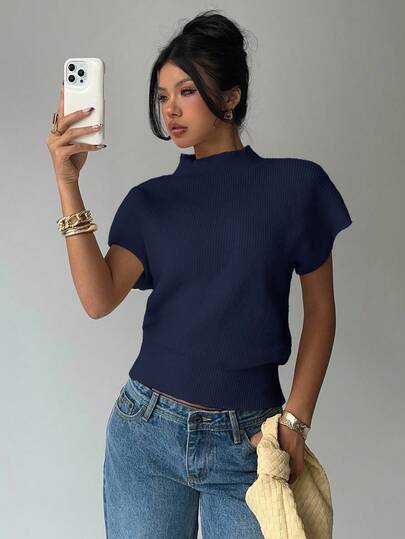 Aloruh Women's Casual Solid Color Stand Collar Short Sleeve Sweater, Autumn