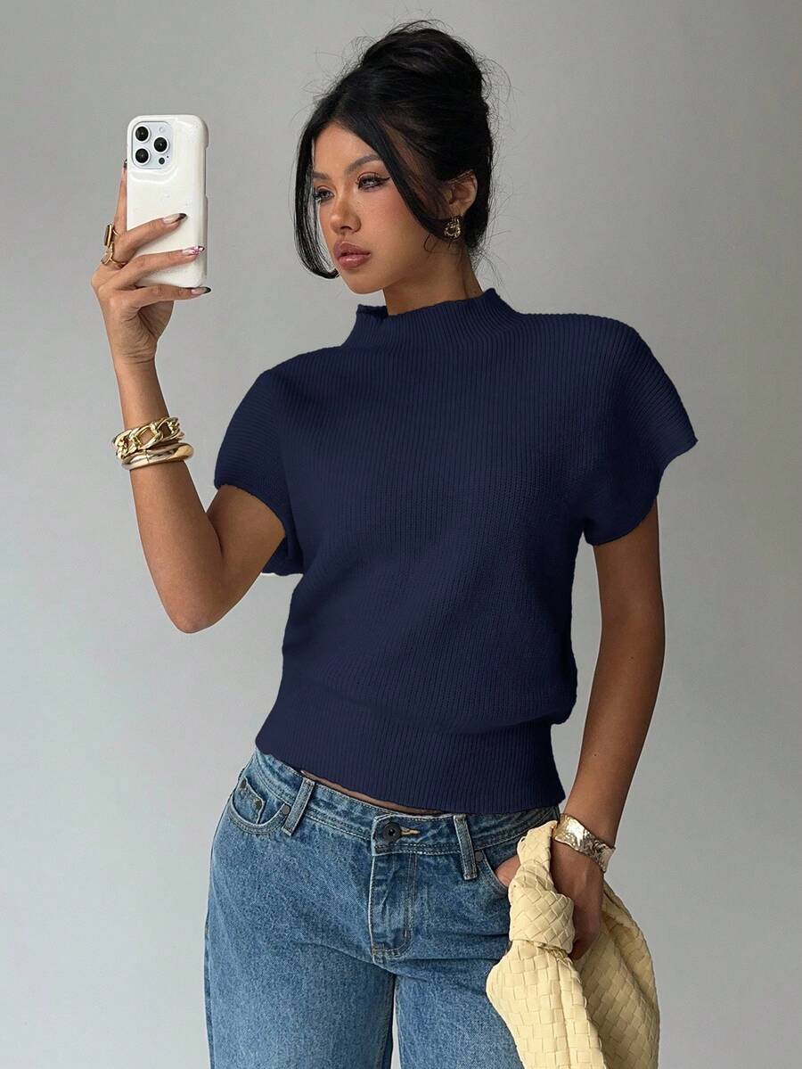 Aloruh Women's Casual Solid Color Stand Collar Short Sleeve Sweater, Autumn - Navy Blue - View 1