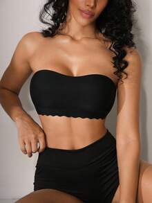 NudeFit 性感无缝冰丝波浪边裹胸文胸，一体式，聚拢，无钢圈，无肩带，防滑，女士适用 - 黑色 - 查看 4