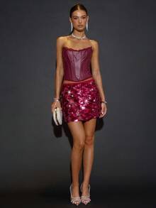 SHEIN BAE Women's Fuchsia Sequin Mid-Low Waist Side Slit Skirt, Autumn/Winter , Suitable For Cocktail Party, Night Out, Sexy Party - Hot Pink - View 1