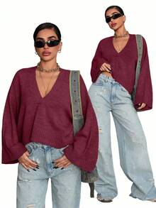 CasuGlow Áo chui đầu dáng rộng cổ chữ V sâu, tay loe ba phần tư, dáng rộng, màu trơn, ấm áp, thoải mái, sang trọng cho mùa đông - Màu Đỏ Sâu - Xem 1