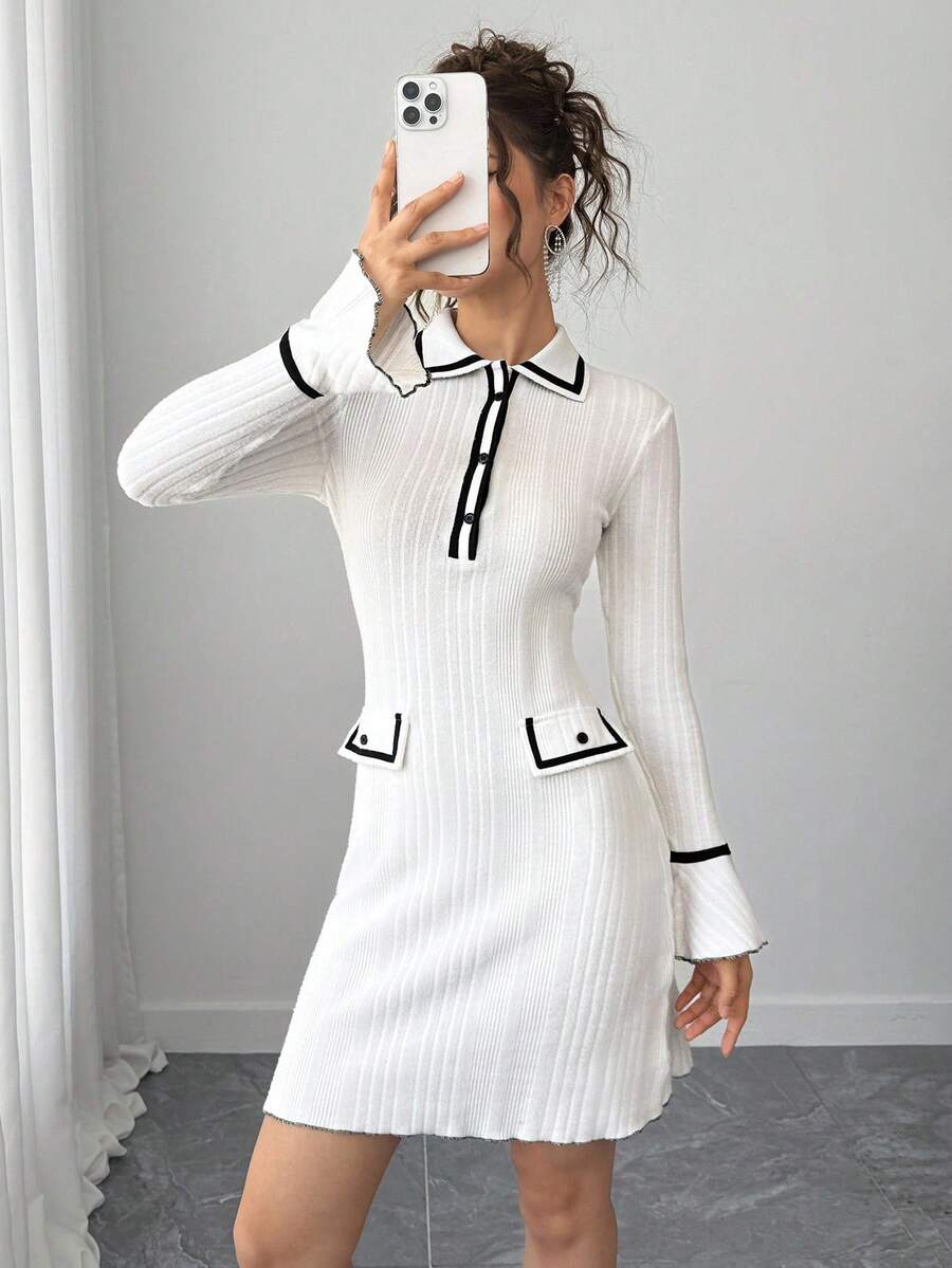 Teen Girl Fitted Waist Uneven Ribbed White Elegant Commuter Knit Fabric Comfortable Cocktail Party Dress - White - View 1