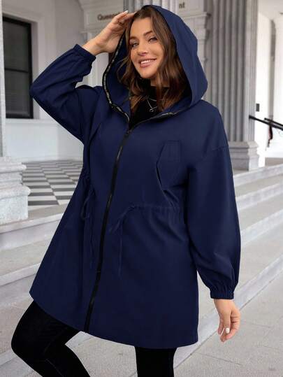 SHEIN LUNE 大码纯色连帽拉链休闲长袖夹克大码秋季服装
